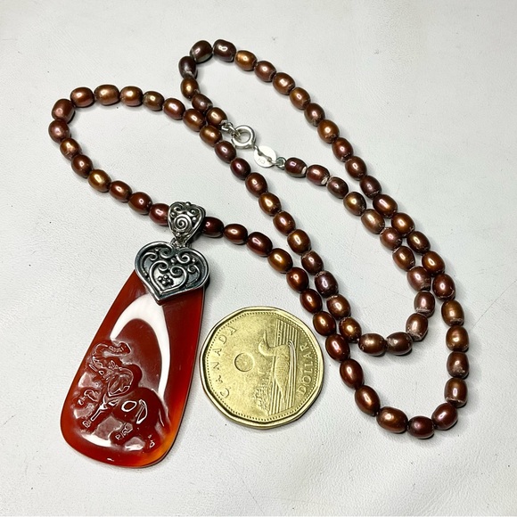 Sajen Sterling Pearl Carnelian Carved Pendant Necklace Combo - Picture 4 of 8